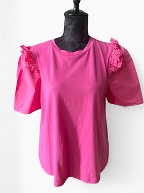 English Factory Pink Ruffle Shoulder Puff Sleeve Top Womens Medium Cotton Tee